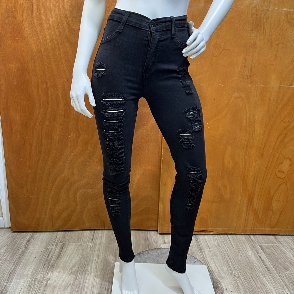 Encore Women's Skinny Distressed Black Denim Jeans Stretch Size 5